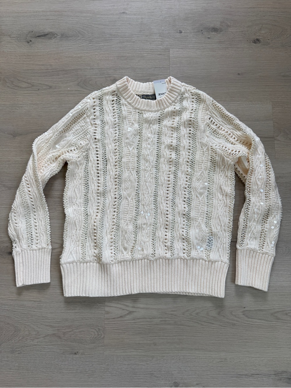 Style & Co. Cream Cable Knit Sequin Crewneck Sweater
